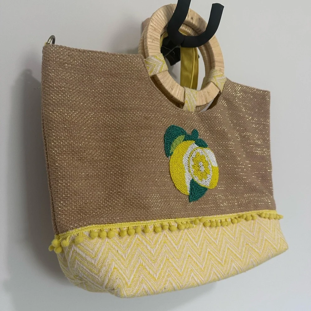 Woven Beaded Lemon Accent Tote Bag in Yellow and Tan Metallic
